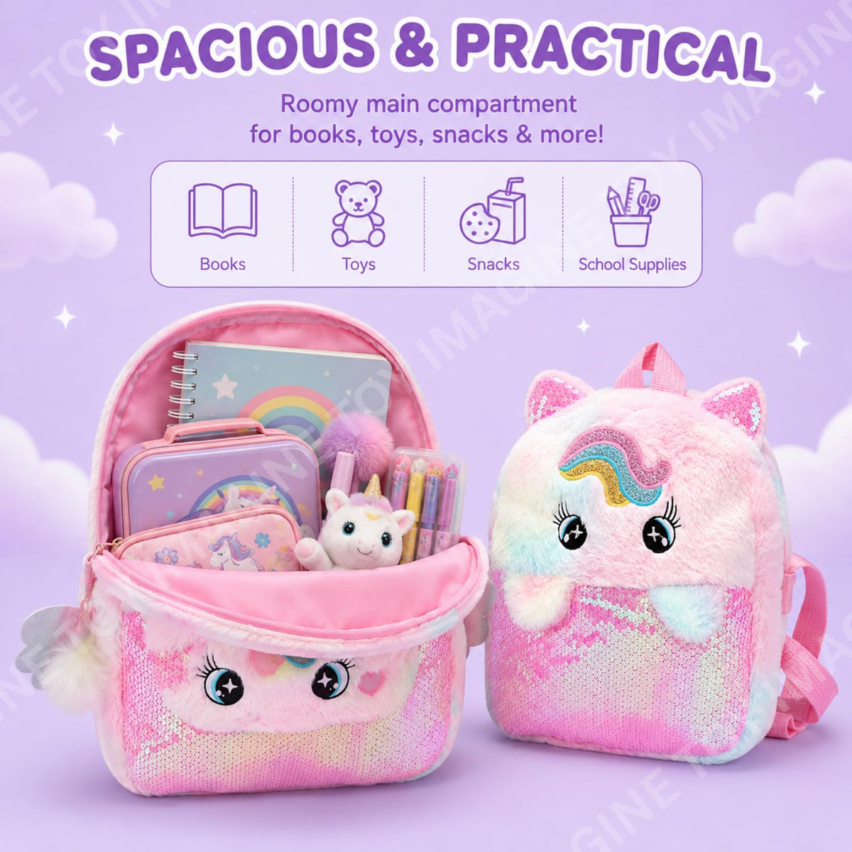 Toy Imagine Unicorn Plush Sequin Backpack for Girls, Ages 1-8 Years