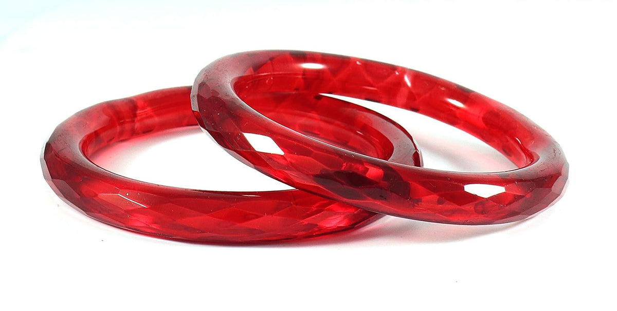 NMII Glass with Diamond Cutting Pattern Round Shape Glossy Kada set for Women and Girls, (Red_2.6 Inches), Pack Of 2 Kada set