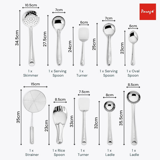 Parage Stainless Steel 10 Pieces Cooking Spoons Set, Contains Ladle, Turner, Strainer, Rice Spoon, Oval Spoon, Serving Spoon, Kitchen Cooking Essential Set for Home, 10 Pcs