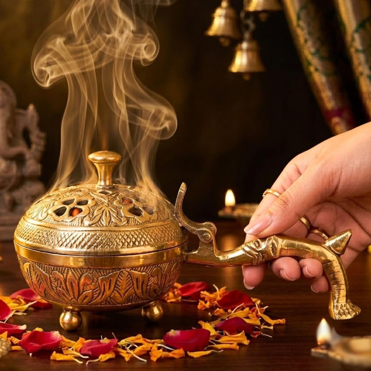 DSH Brass Incense Burner with Handle & Ventilated Lid Dhoop Dani for Pooja, Havan, Meditation & Home Fragrance Traditional Brass Loban Burner with Ash Collector