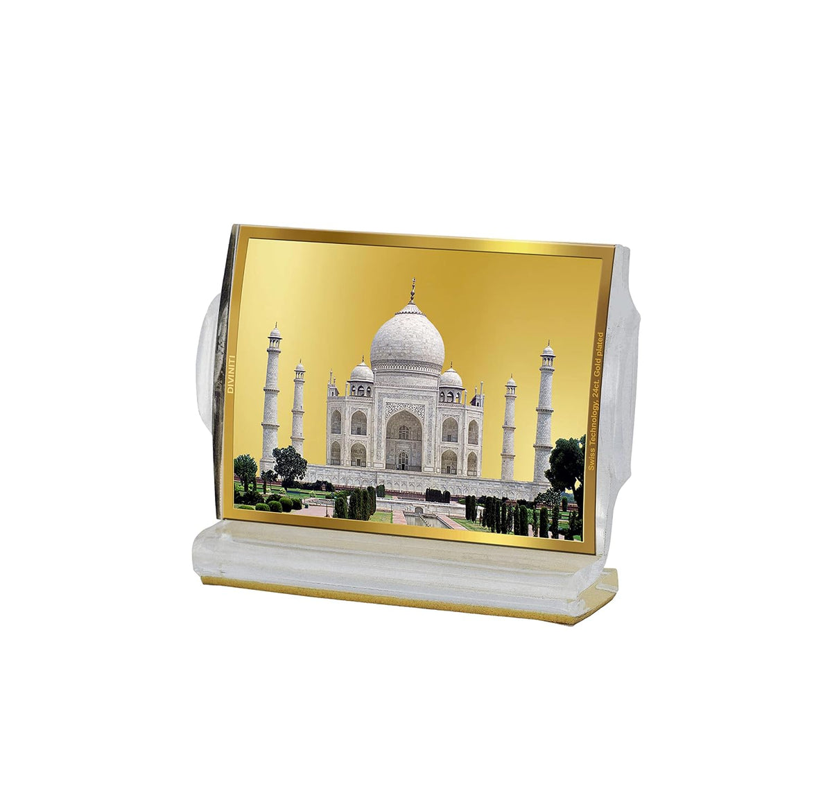 DIVINITI 24K Gold Plated Acrylic Taj Mahal Car Dashboard Idol Frame | Premium Spiritual Gifting Item for Divine Blessings & Positivity | Luxury Religious Decor for Car, Office & Home | 11 X 7 CM