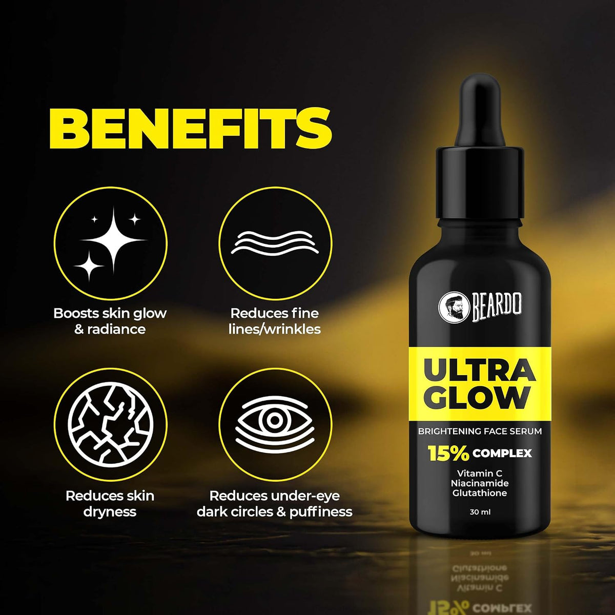 Beardo Ultra Glow Brightening Face Serum for Men | Powered by 15% Niacinamide, Vitamin C, Glutathione | Simple Serum for Men | Brightening Face Serum – 30ml