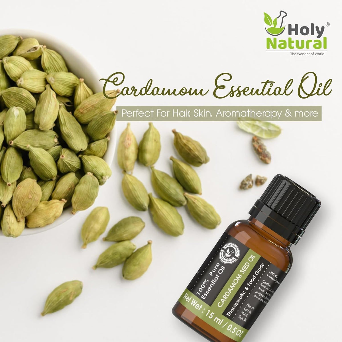 Holy Natural Cardamom Essential Oil 15ml (with Dropper Plug), Undiluted Therapeutic Grade, Best For Aromatherapy, Relaxation, Skin Therapy & More.