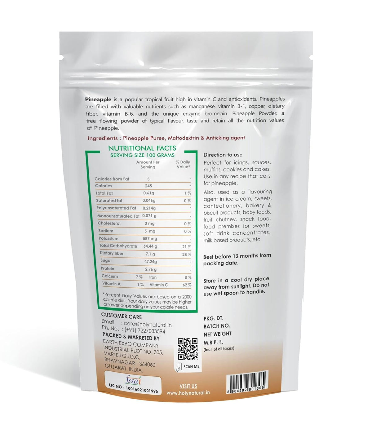 Holy Natural Pineapple Powder - 400 GM | No Added Sugar & Preservative | For Cake, Juice & Ice-cream