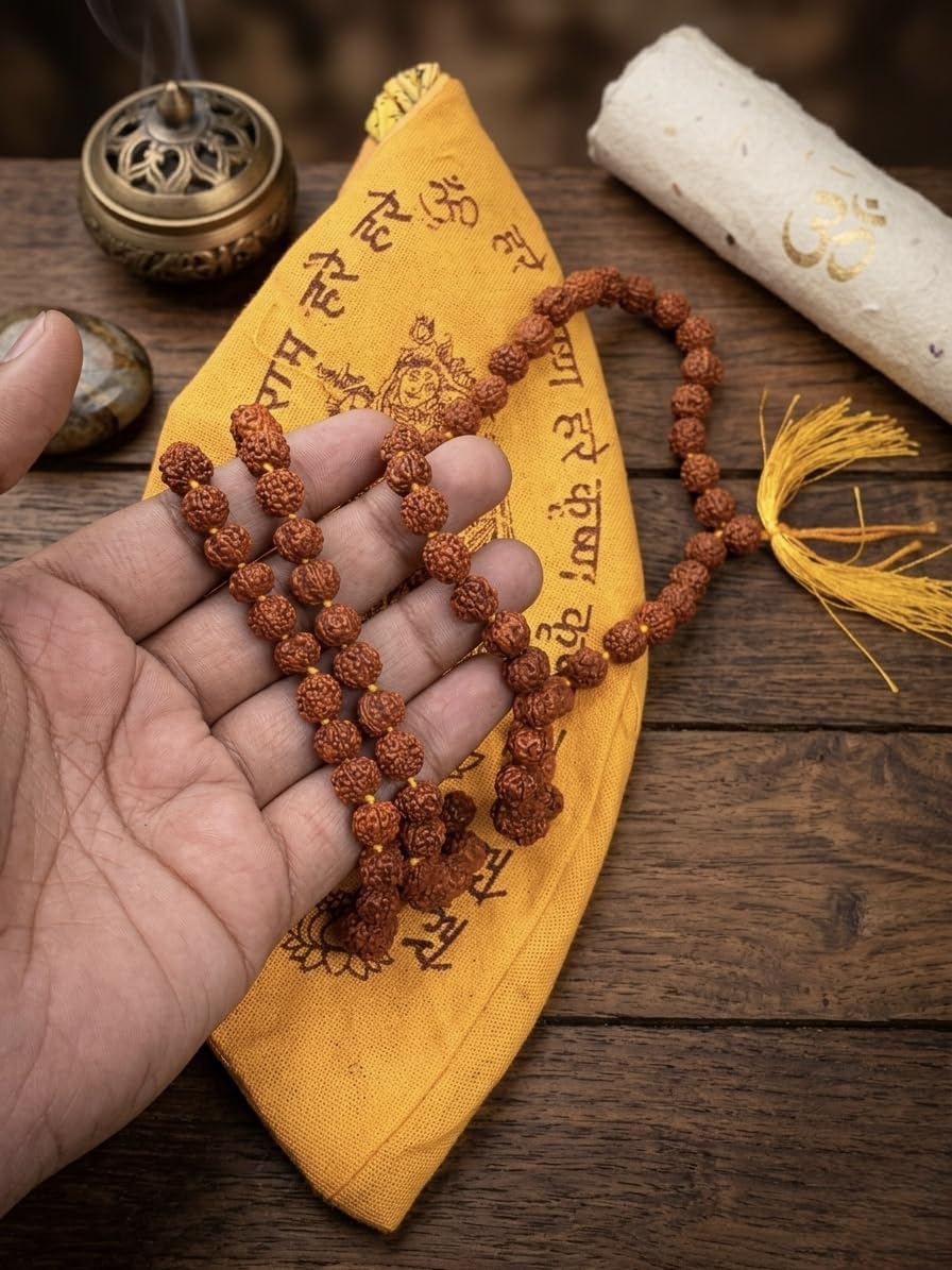 RudraDivine Natural 5 Mukhi Rudraksha Mala with Gomukhi Bag for Mantra Jaap & Wearing | Lab Certified 108+1 Beads Rudraksha Mala | Spiritual Meditation Prayer Mala for Men & Women