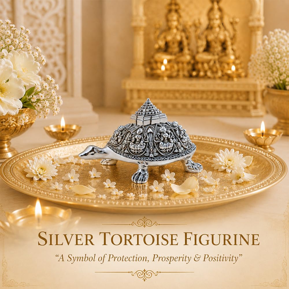 DIVINITI Antique Silver Plated Tortoise Figurine with Gift Box | Decorative Turtle Showpiece with Intricate Design for Home, Office & Table Decor | Gift for Diwali & Housewarming | 4 x 7.5 cm