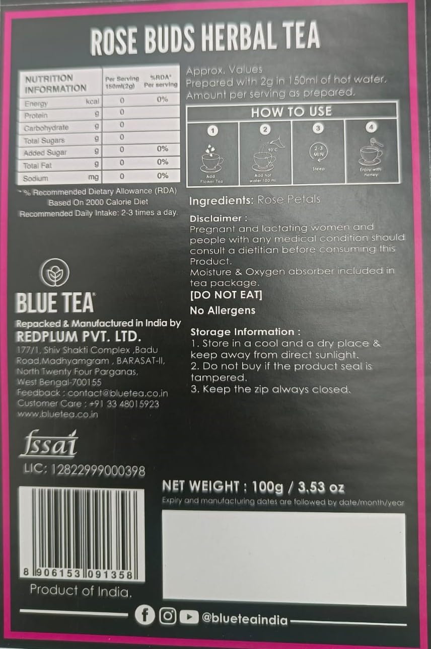 BLUE TEA - Rose Buds Tea - 100gm - 100 Cups | RICH VITAMIN-C | Beautiful Hair & Skin - Caffeine Free - Flower Based - Herbal Tea | Premium Zipper Pack