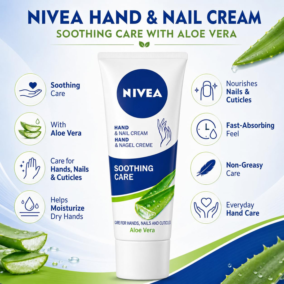 NIVEA Hand & Nail Cream Soothing Care with Aloe Vera, Moisturising Care for Dry Hands, Nails & Cuticles, 75 ml