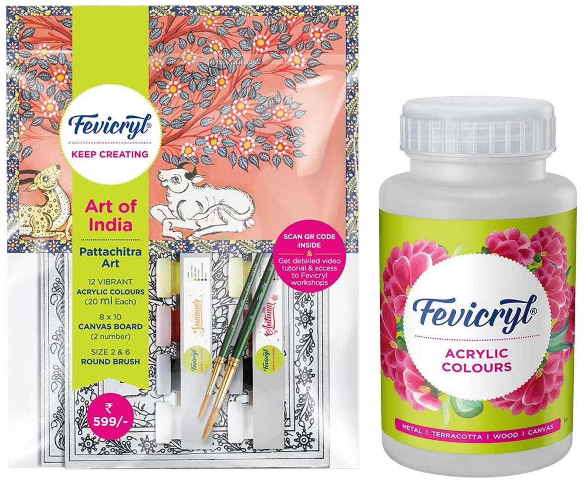 Fevicryl DIY Self Painting Art of India Kit - Pattachitra Art & Pidilite Acrylic Colour, White Acrylic Paint, 500 ml