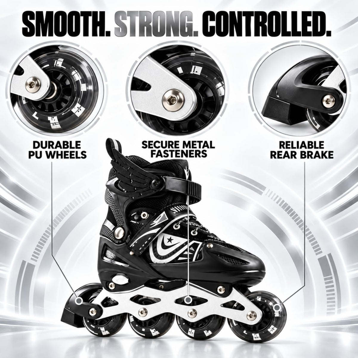 Toy Imagine Adjustable Inline Skates for Kids & Adults, Ages 6-18, Black