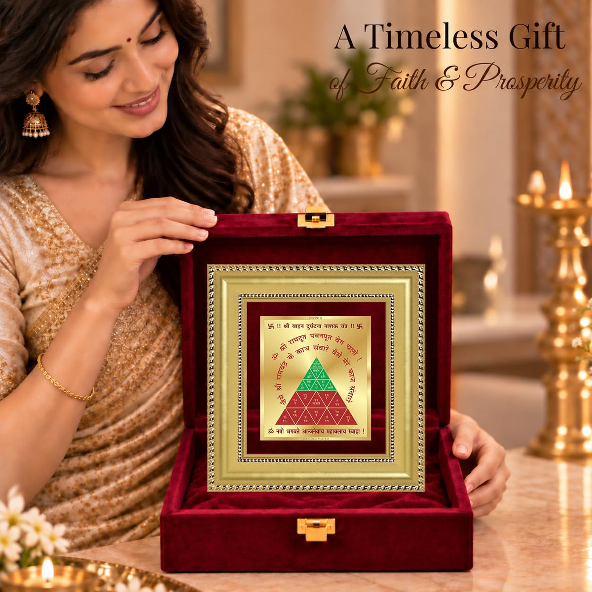 DIVINITI 24K Gold-Plated Vahan Durghatna Yantra Frame | Sacred Yantra for Protection, Safe Travel & Positivity | Home, Office & Pooja Decor | Premium Gift Box | 12 x 11 CM