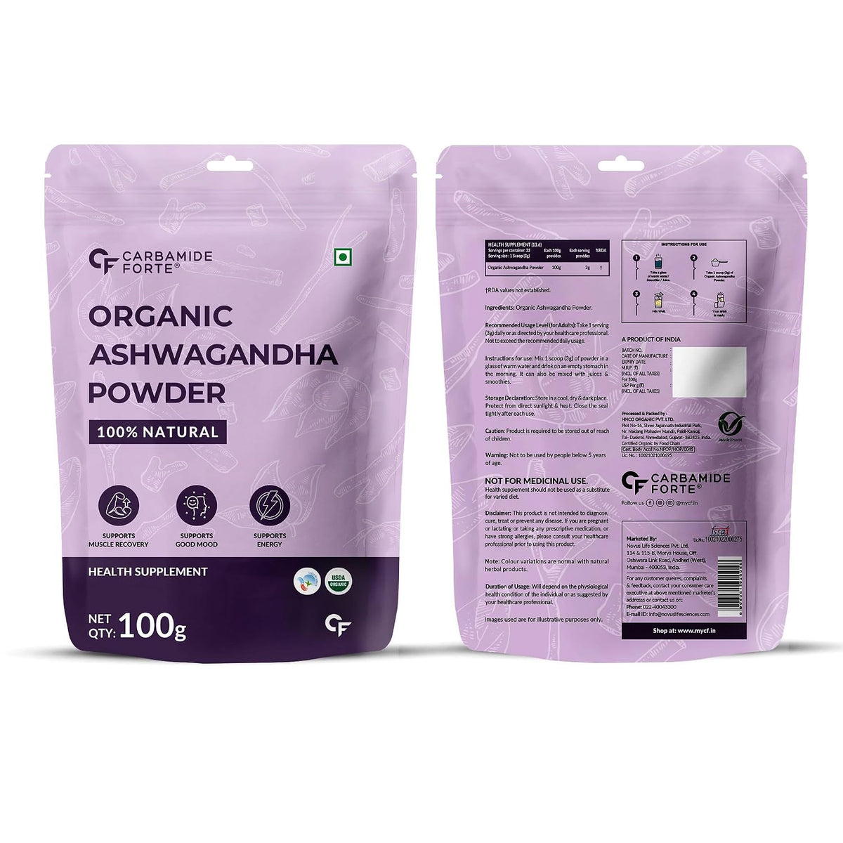 Carbamide Forte CF 100% Organic Ashwagandha Powder - Withania Somnifera - USDA Certified Organic Ashwagandha for Vitality, Strength & Stress Management - 100g Veg Powder (Pack of 2)