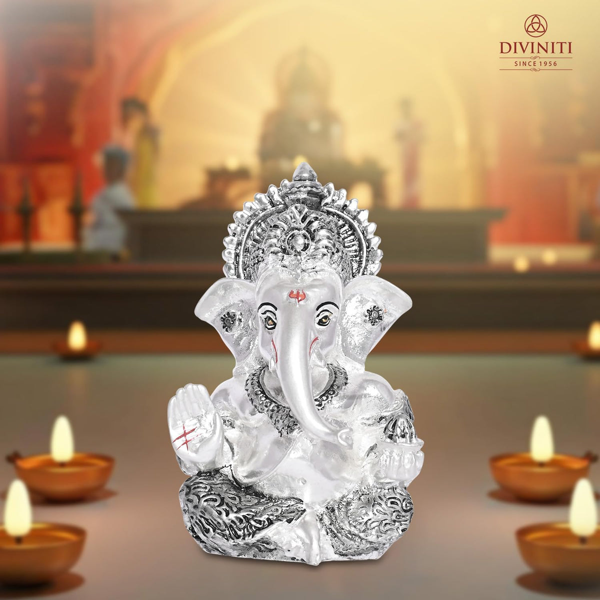 DIVINITI 999 Silver Plated Ganpati Idol with Silver Antique Finish | Ganesha murti for Car Dashboard |Ganesh Statue for Car Accessories Figurine Murti for Puja (8.89 x 5.08 cm) (Silver), Religious