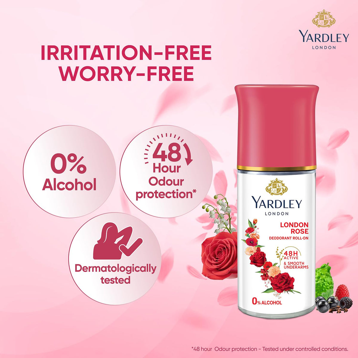Yardley London London Rose Underarm Deodorant Roll On | With Licorirce Extract & Floral Extracts | Smooth & Eventoned Underarms | 72 H Long Lasting Floral Scent| 0% Alcohol & Dermat Approved | For Women | 50ml