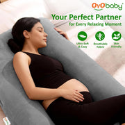 OYO BABY Maternity Pillows J-Shape Full Body Pillow | 360° Maternity Support for Back, Hips, Legs & Belly | Pregnancy Pillows for Women | Removable Washable Velvet Cover (Light Grey)