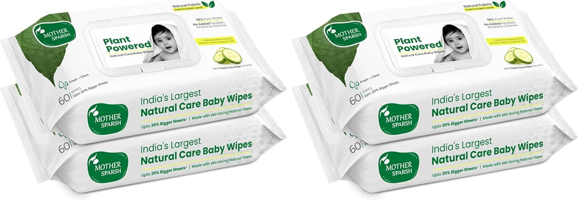 Mother Sparsh Natural Care Baby Wipes I 100% Plant Made Fabric From Forest Land | Fresh+Cleanse (with Cucumber) Plant Powered Wet Wipes For Baby I Cotton Cloth Like Bigger Sheets | 60 Pcs (Pack of 4)