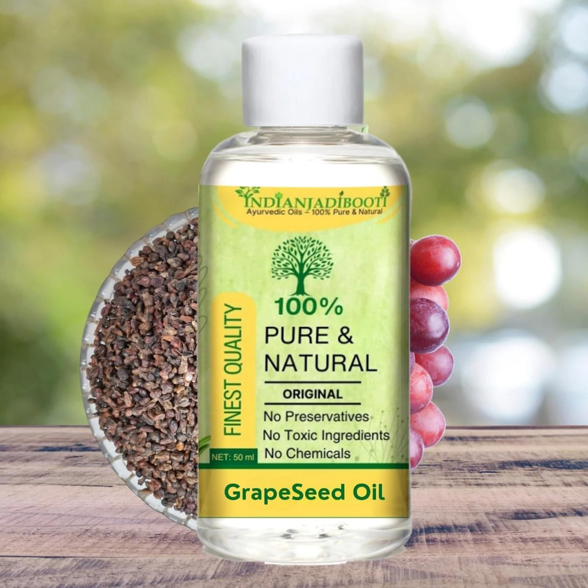 IndianJadiBooti Pure Cold-Pressed Grape Seed Oil (Vitis Vinifera) | Lightweight Botanical Carrier Oil for Non-Comedogenic Hydration, Aromatherapy & Silky Massage 200 ML
