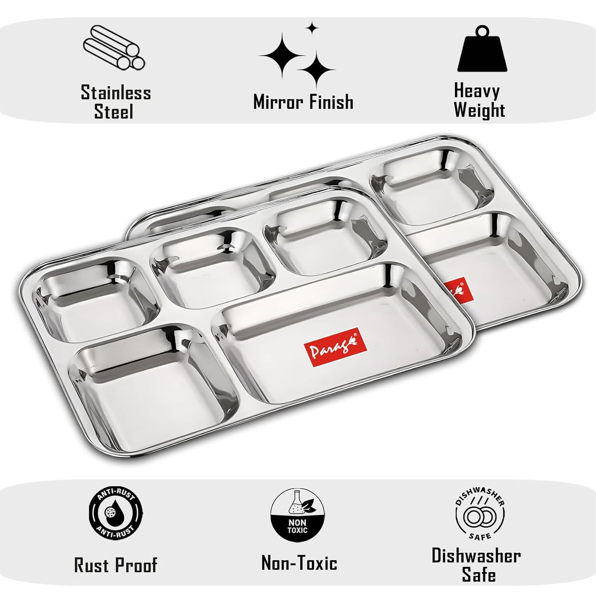 Parage 6 Pieces Stainless Steel 5- Compartment Plate Set/Dinnerware/ 5 in 1 Partition Thali/Kitchenware for Home, Restaurants- Bhojan Thali (Silver)
