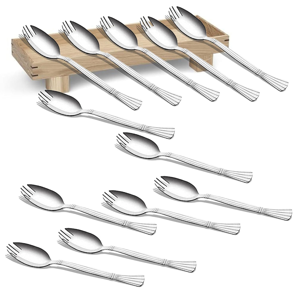 Parage 3-in-1 Stainless Steel 12 Pieces Spoon Fork Set | Spoon Cum Fork Set | Spork for Soups, Noodles| Length: 16 cm| Silver| Set of 12