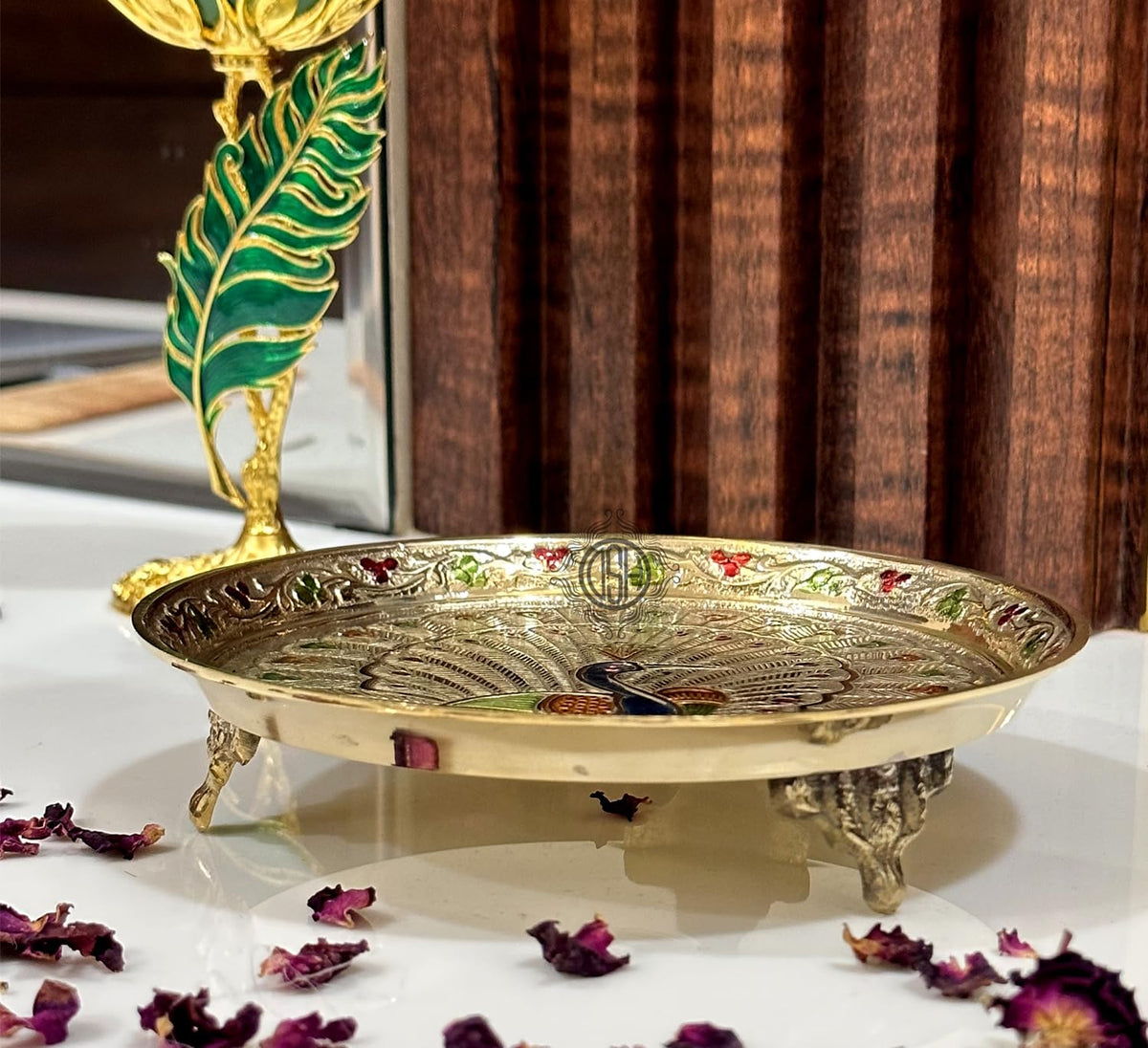 DSH Pure Brass Puja thali Plate with Peacock Embossed Design Best for Home Office Pooja Purpose Handicraft (15 cm)