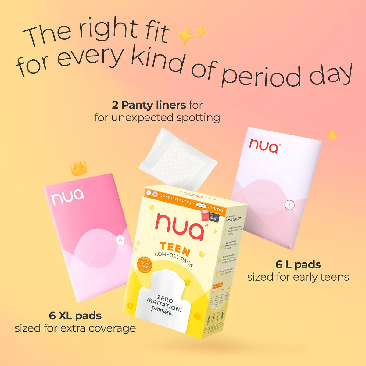 Nua Teen Comfort Sanitary Pads for Teens | Sanitary Pads and Panty Liners | Zero Irritation Promise | 4x Comfort | 100% Toxic-free | Starter Pack for Teens | 14 Count (12 Pads + 2 Liners)