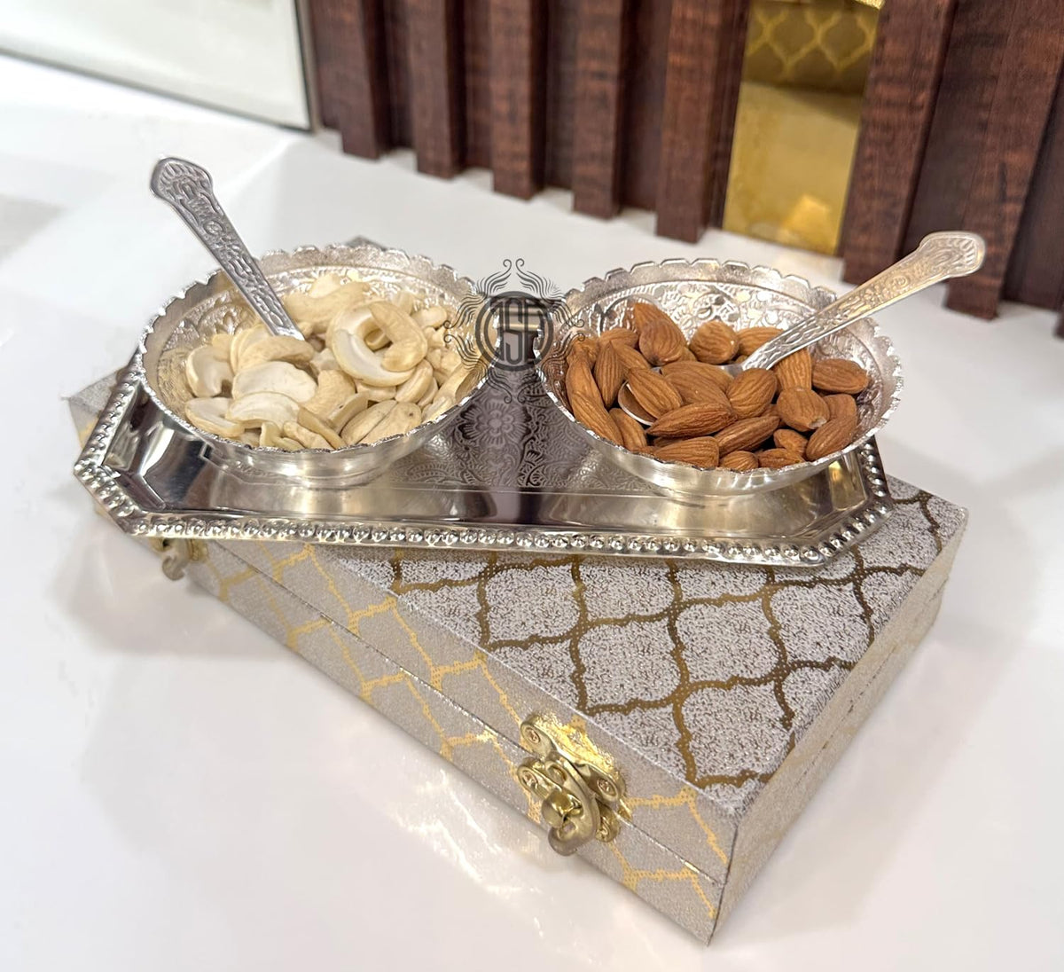 DSH Crafting Your CURIOSITYDry Multipurpose Metal Bowl Spoon Serving Set with Tray Used for Dry Fruit Home Hotel Tableware Decorative and Gift Item.(S-502-CAPLm-5P-SRB)