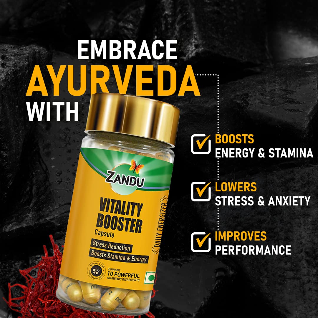 Zandu Vitality Booster Capsule, With Goodness of Ashwagandha, Safed Musli, Gokshur, Shuddha Shjilajit, Helps to Boost Energy and Strength - Pack of 60 Veg Capsules