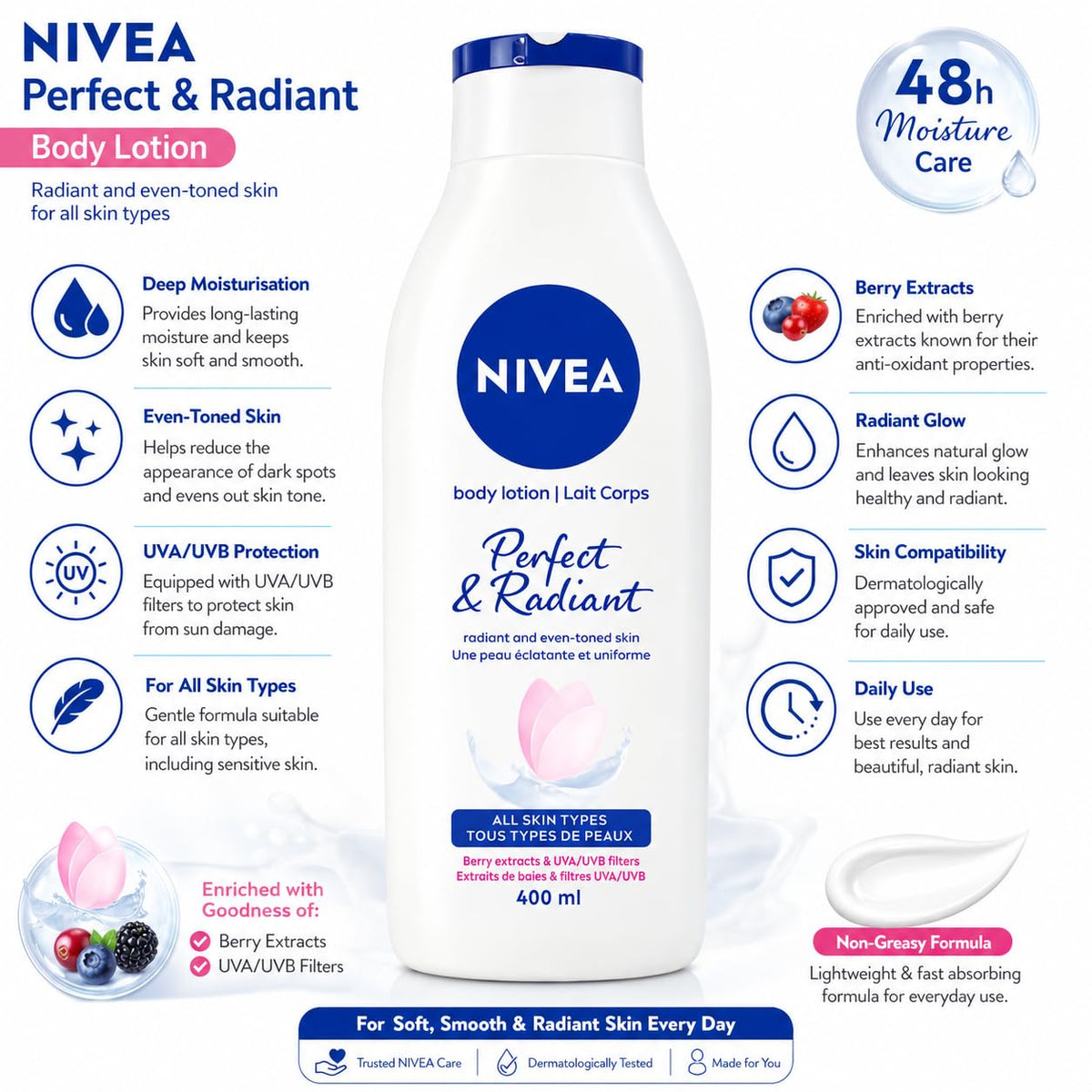 NIVEA Perfect & Radiant Body Lotion 400ml | Daily Moisturizer for Even Skin Tone & Natural Radiance | With Licorice & Berry Extracts