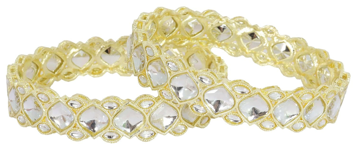 NMII Premium Gold Plated Metal with Kundan Mirror & Zircon Stone Bangles Set For Women & Girls | Bangles For Women Traditional | Metal Bangles with Mirror | Wedding, Party, Occasion Wear- Set of 2