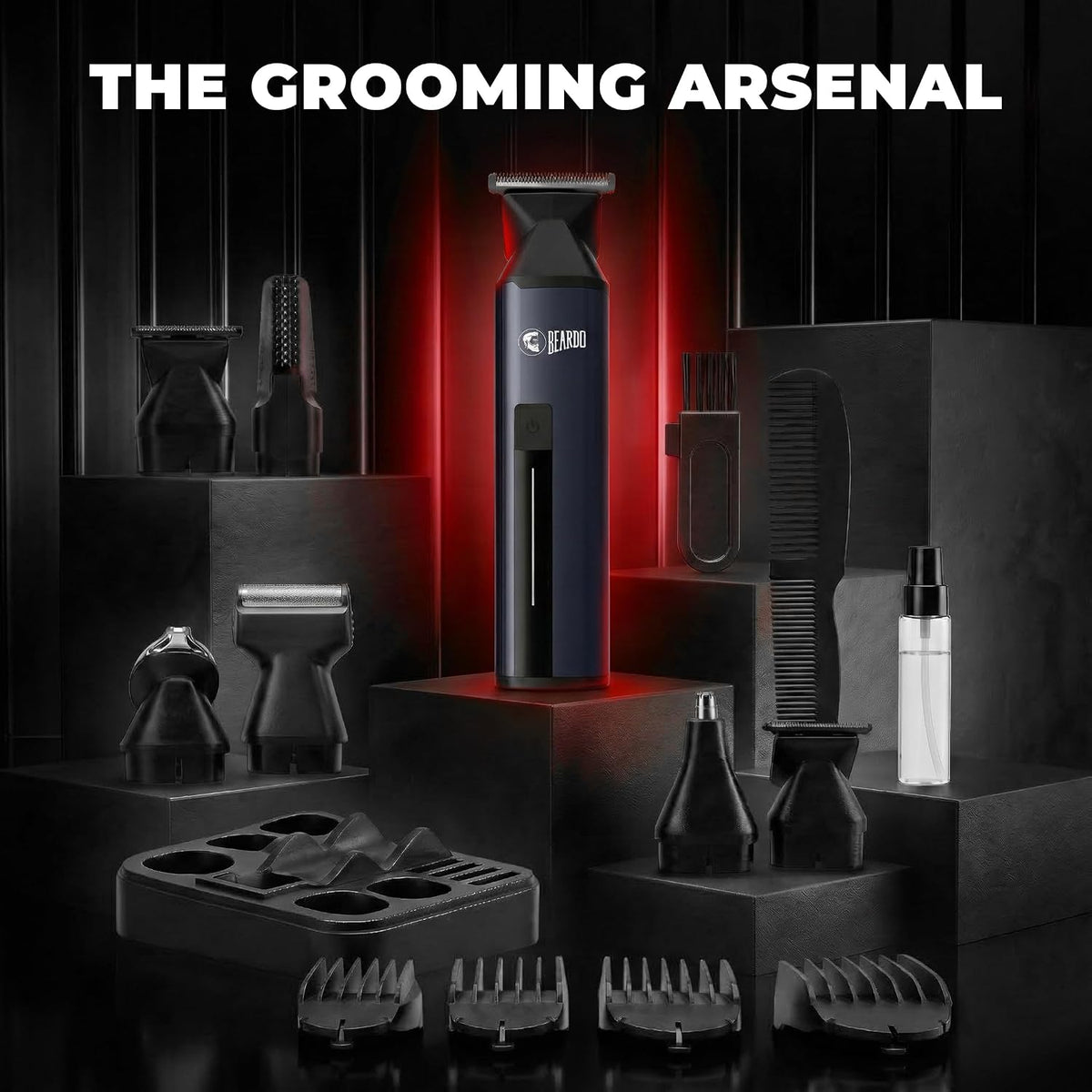 BEARDO Godfather Premium Trimmer Kit for Men | Full Body Grooming Kit with 6 Magnetic Attachments | 8000 RPM Motor, 120 Min Runtime, Travel Lock | Self-Sharpening Blades, Aluminium Body