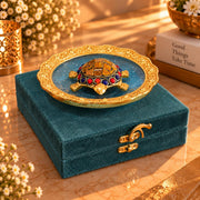 KridayKraft Multicolour Stone-Studded Gold Tortoise Showpiece with 14 cm Designer Tray and Luxury Dark Teal Blue Gift Box, Tabletop Décor for Home, Office, Wedding, Anniversary and Housewarming Gift