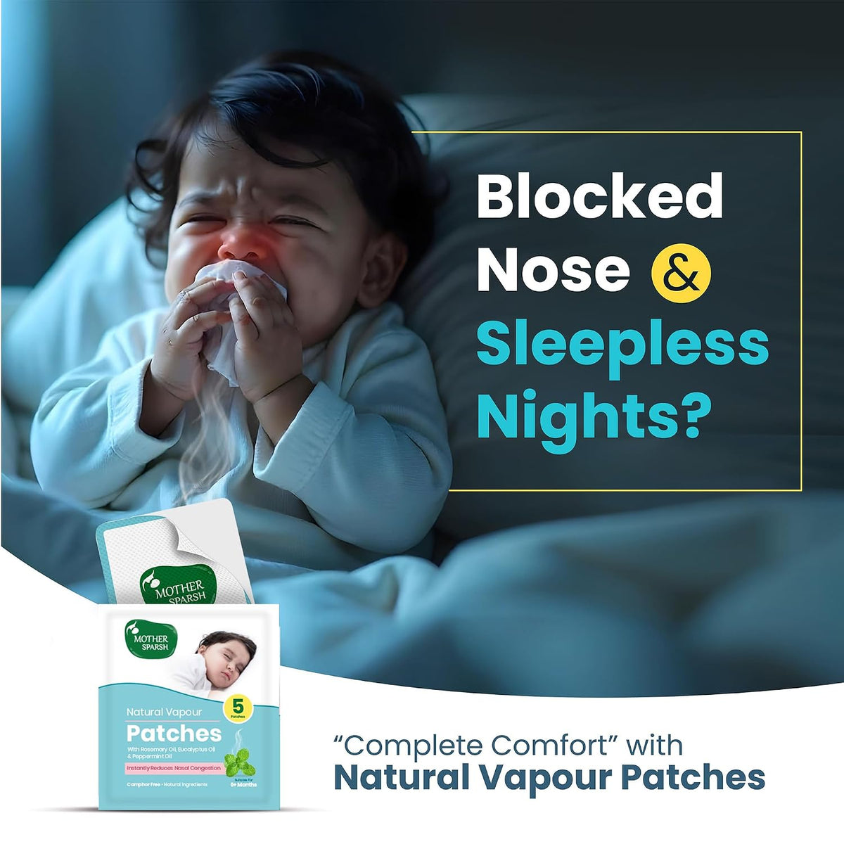 Mother Sparsh Natural Vapour Patches For Kids With Eucalyptus Oil, Peppermint Oil & Thymol Crystal (Camphor Free) | Quick Relief from Runny Nose & Nasal Congestion | Lasts Upto 8 Hrs-(Pack of 5)