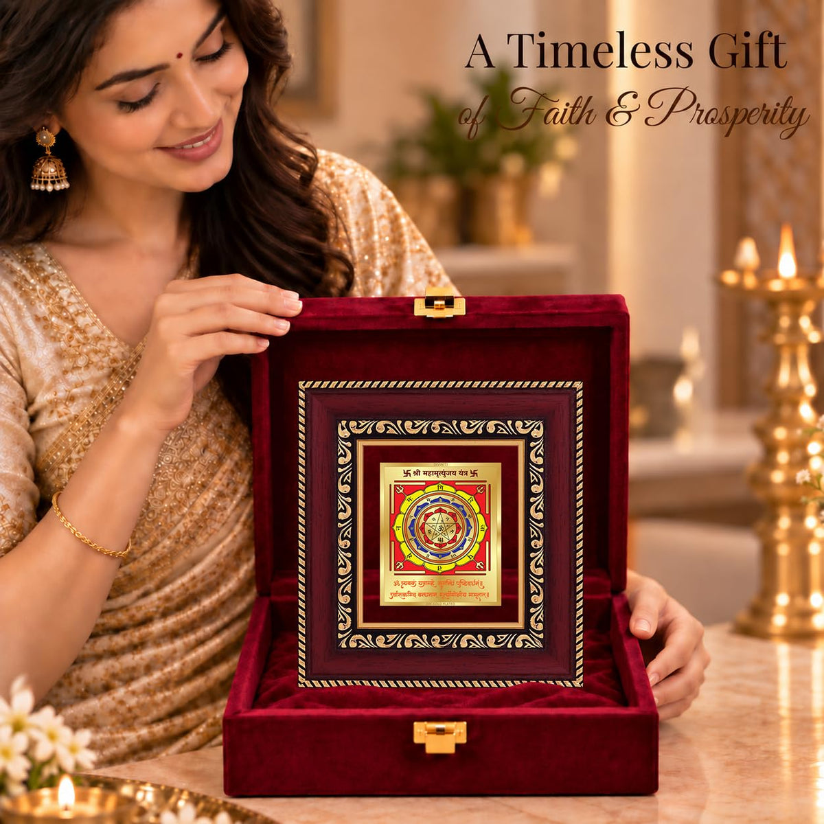 DIVINITI 24K Gold-Plated Maha Mrityunjaya Yantra Frame | Sacred Shiva Yantra for Protection, Peace & Inner Strength | Home, Office & Pooja Decor | Premium Gift Box | 12 x 11 CM