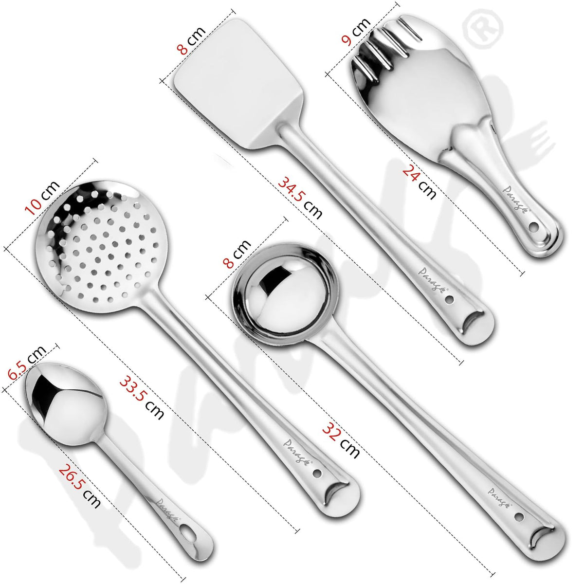 Parage 5 Pieces Stainless Steel Kitchen Tools Set for Kitchen Cooking and Serving, Pack of 5, Ladle(Karchhi), Skimmer(Jhara), Turner/Spatula (Palta), Basting and Rice Spoon, Silver