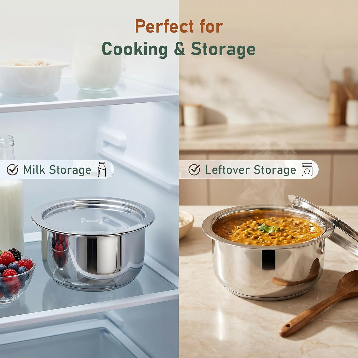 Parage Tri-Bond Stainless Steel Tope with Lid 2 Litre | Heavy Container Triply Bottom Patila, Bhagona/Bhigona | Gas & Induction Compatible | Steel Cooking Pot for Tea, Milk, Dal & Kitchen Daily Use