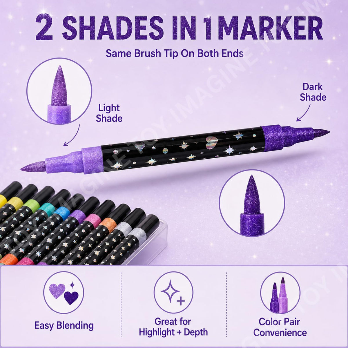 Toy Imagine 48-Colour Glitter Marker Pens, Dual-Tip Brush & Fine Tip