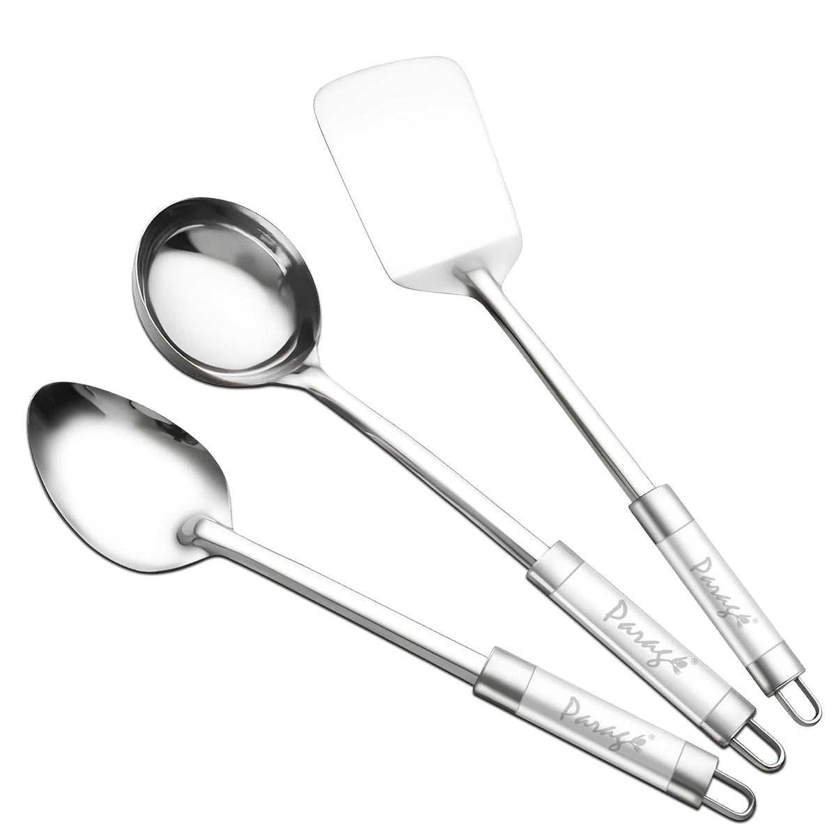 Parage Stainless Steel Kitchen Tools Set for Kitchen Cooking and Serving, Pack of 4, Serving Spoon, Turner/Spatula (Palta), Basting and Rice Spoon, Silver (Size: 26.5 cms, 25 cms x 2, 23 cms)