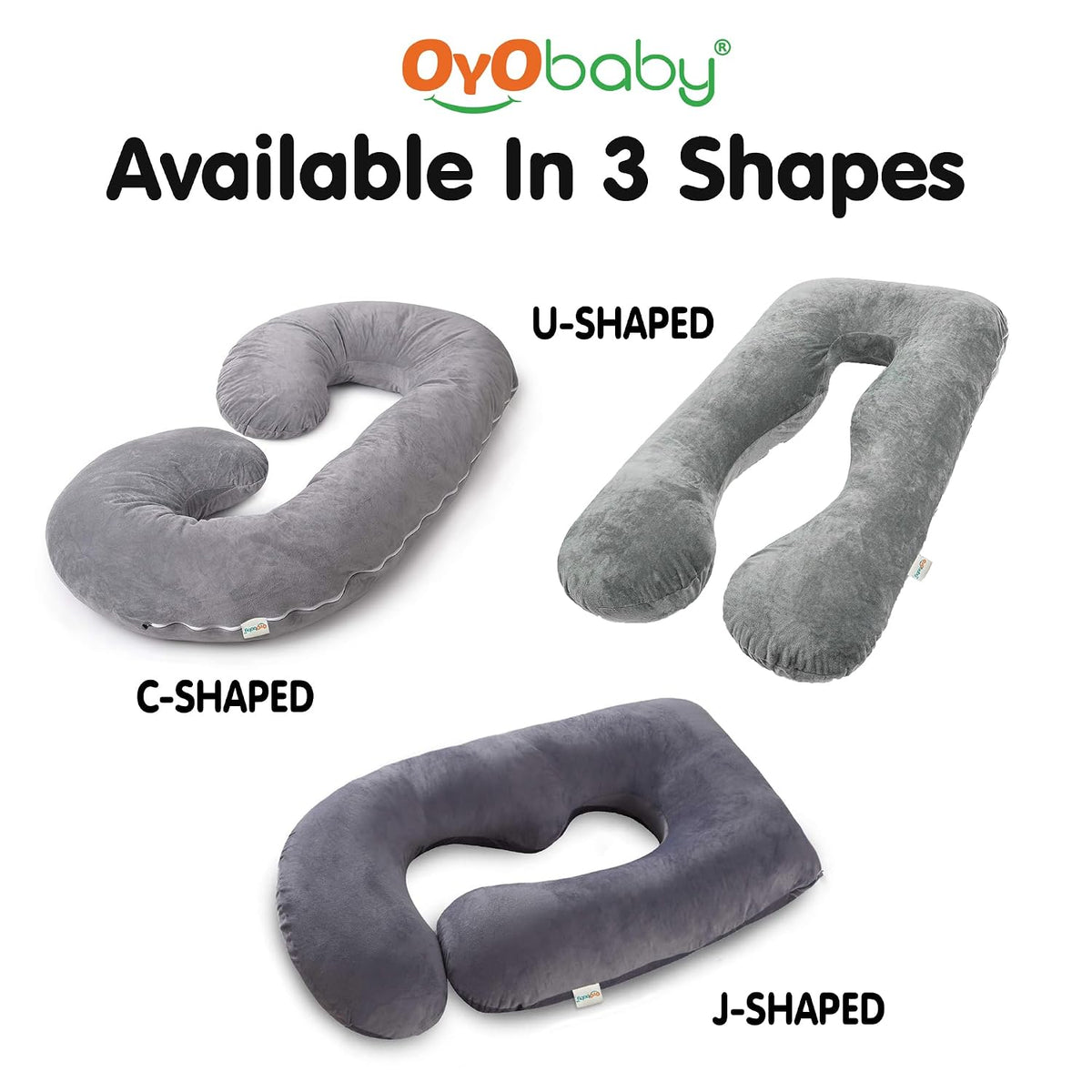 OYO BABY Pregnancy Pillows for Sleeping J-Shape Full Body Pillow and Maternity Support - for Back, Hips, Legs, Belly for Pregnant Women with Removable Washable Velvet Cover (Grey)