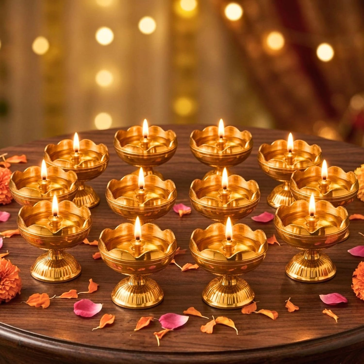 DSH Brass Diya Pure Brass Traditional Oil Puja Lamp for Temple, Mandir, Festival Decoration, Home Decor & Diwali Gift (Flower Bloom, Set of 12)