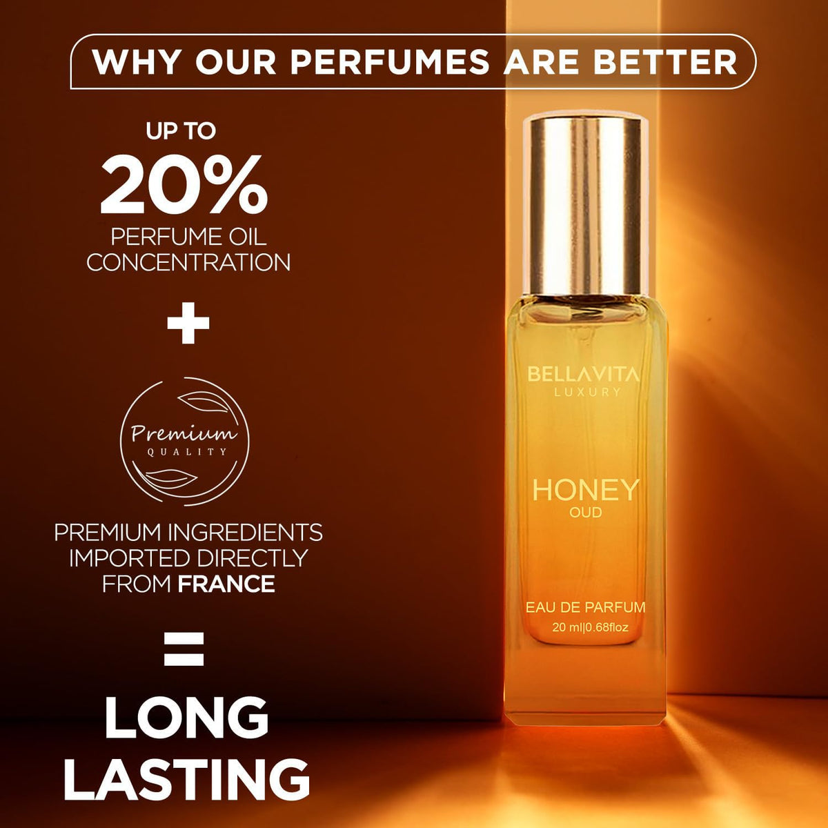 Bella Vita Luxury Honey Oud Unisex Liquid Eau De Parfum With Bergamot, Patchouli, Vanilla Premium, Long Lasting Sweet & Spicy Fragrance, 20ml
