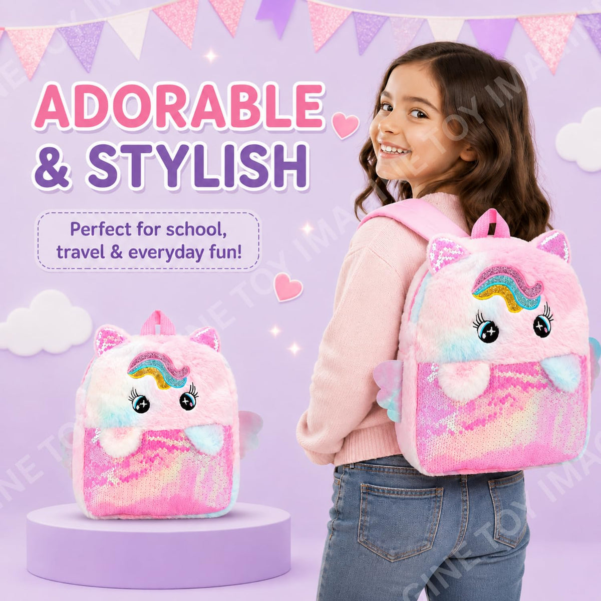 Toy Imagine Unicorn Plush Sequin Backpack for Girls, Ages 1-8 Years