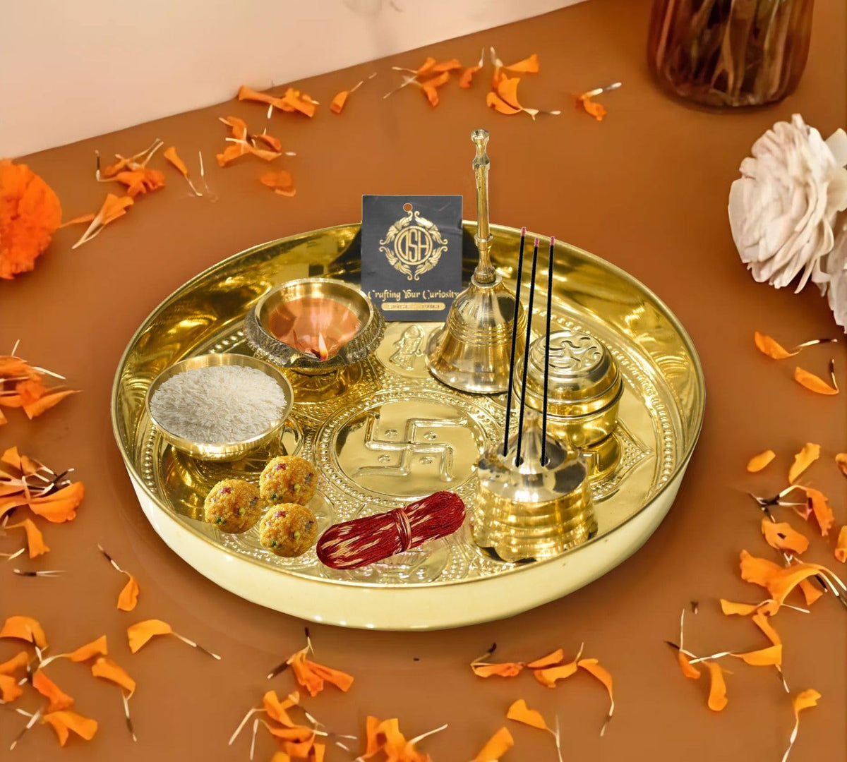 DSH Brass Puja Thali Set For Mandir Diwali Pooja, Religious Occasions Spiritual Home Office Wedding Return Gift Items.