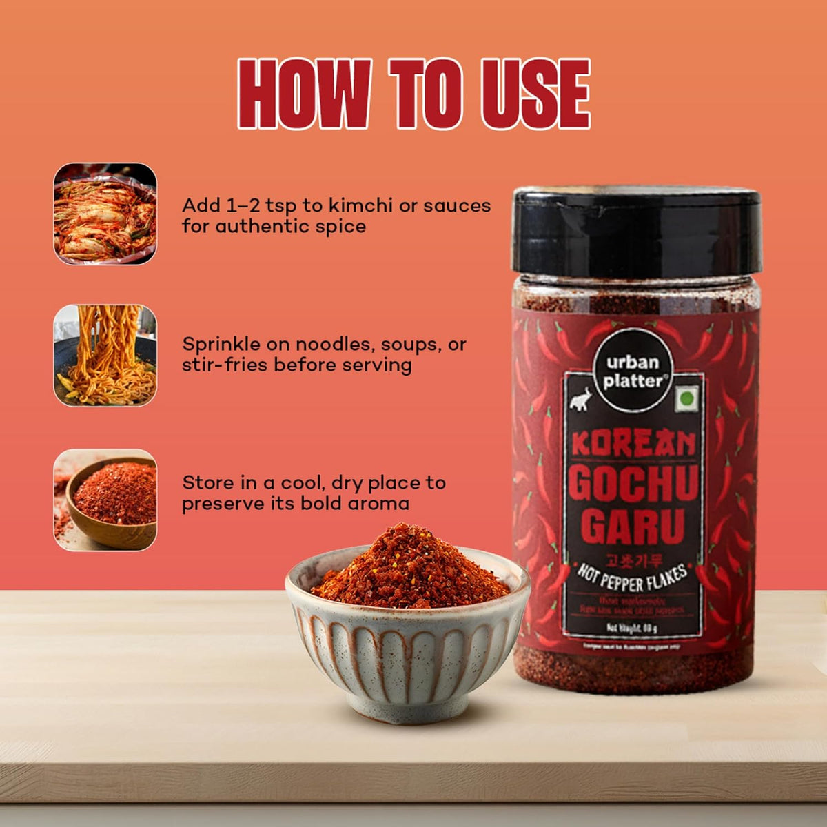urban platter Korean Gochugaru Hot Pepper Powder, 80 Gm [Coarse Ground Korean Dried Chilli Peppers | Smoky & Spicy| Use For Kimchi And Other Korean Dishes]