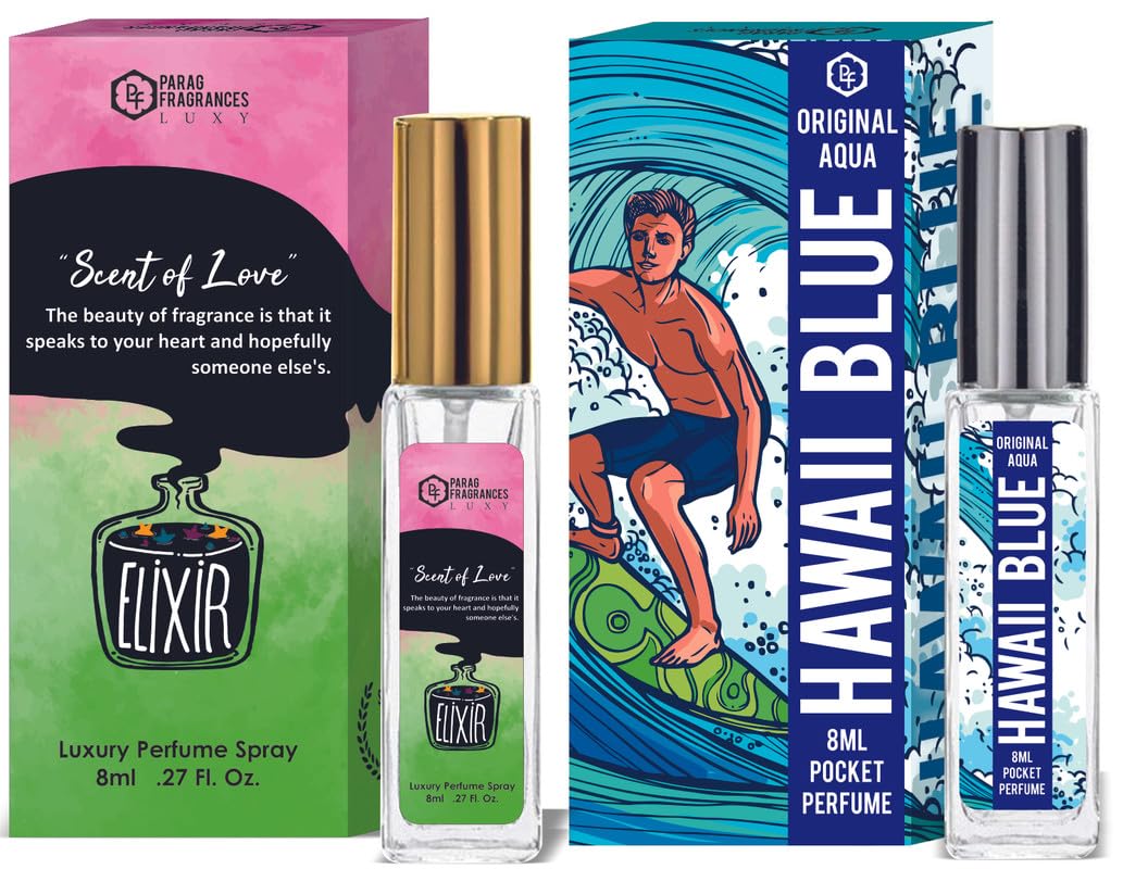 Parag Fragrances Elixir & Hawaii Blue Luxury Perfume Combo (8ml x 2pc) Long Last, Imported, Pocket & Purse Friendly, Reusable Perfume Spray For Men & Women