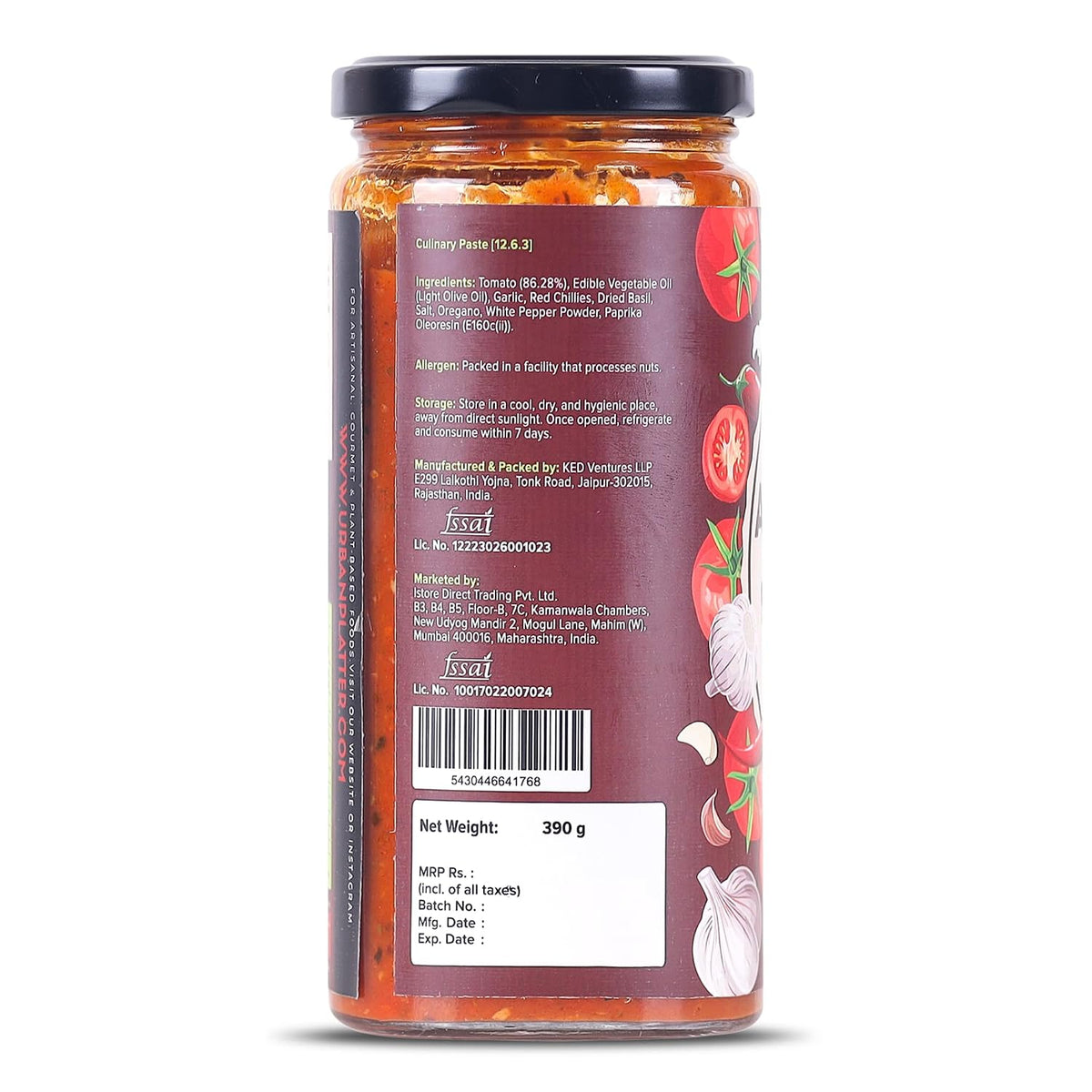 Urban Platter Arrabbiata Sauce, 390g (Plant Based, Preservative-free, Italian Inspired Sauce for Pasta, Pizza and More)