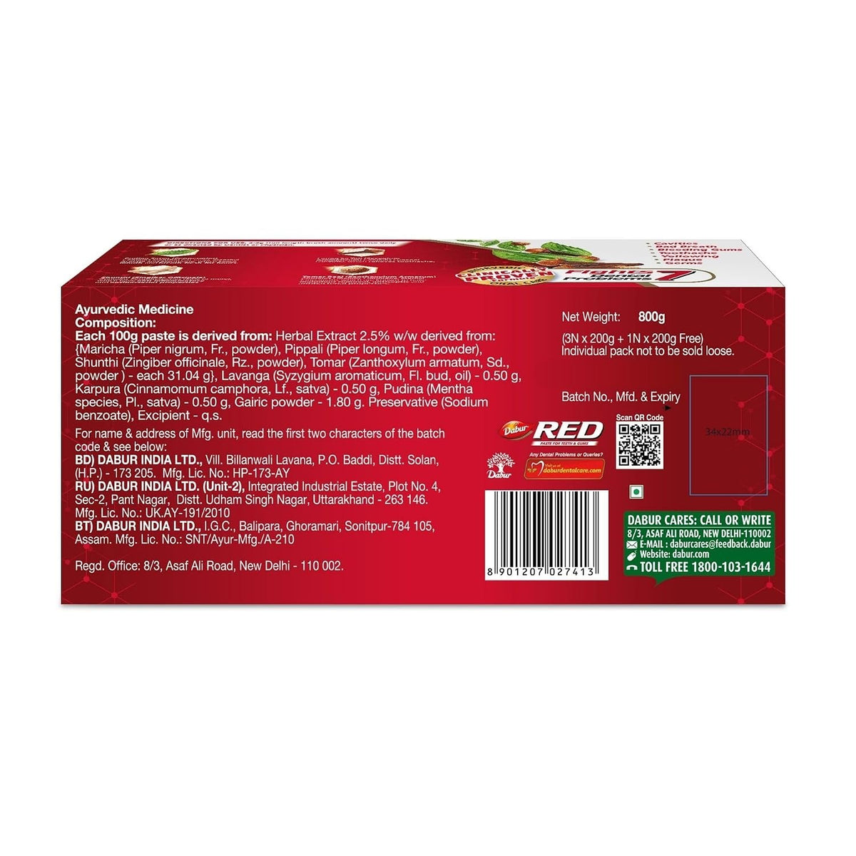 Dabur Red Toothpaste - 1600g (800gx2) | Fluoride Free| Helps In Bad Breath Treatment, Cavity Protection, Plaque Removal | For Whole Mouth Health | Power Of 13 Potent Herbs