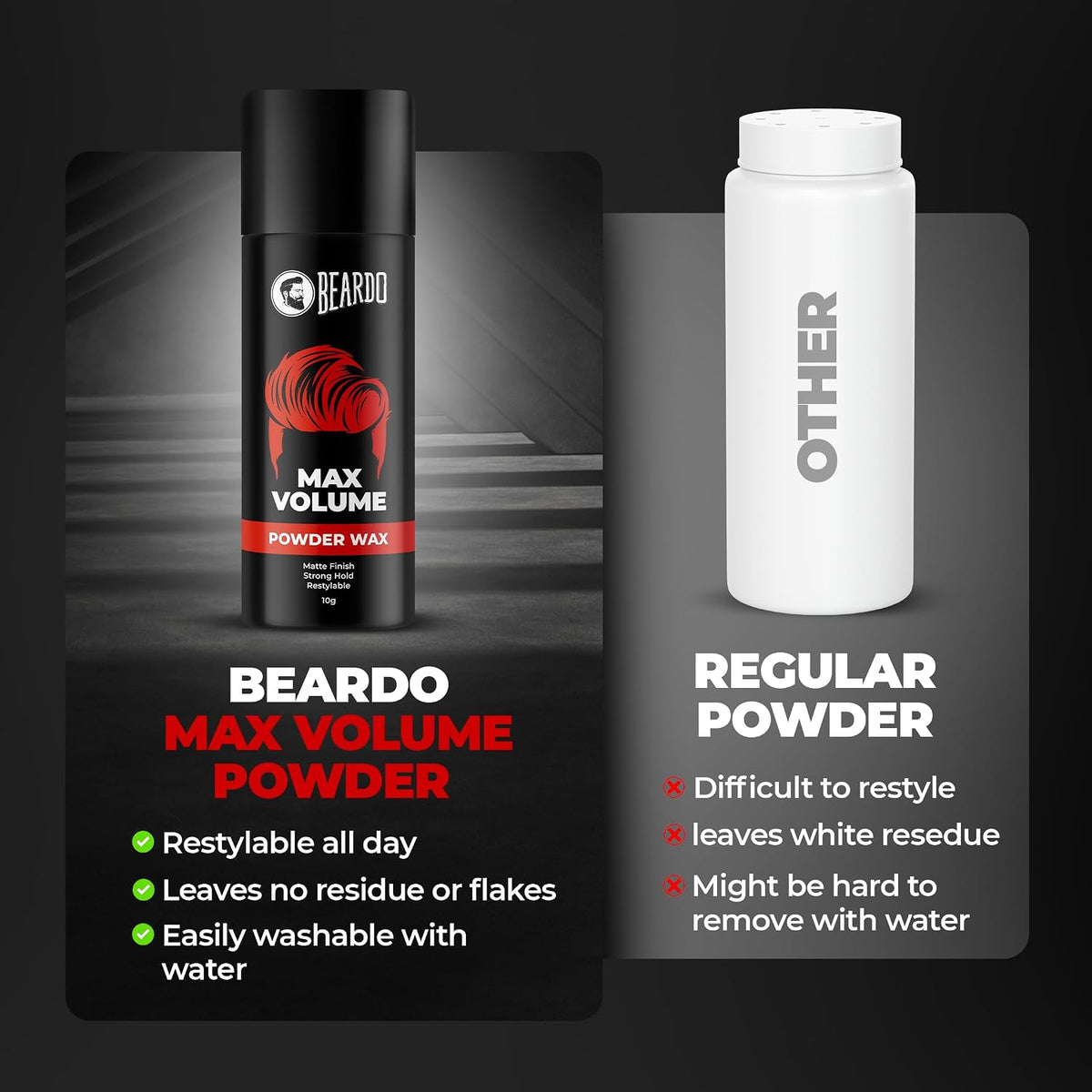Beardo Max Volume Powder Wax 10 gm | Matte Finish | Strong Hold | Restylable | Hair Styling Wax | Hair Wax Powder For Men