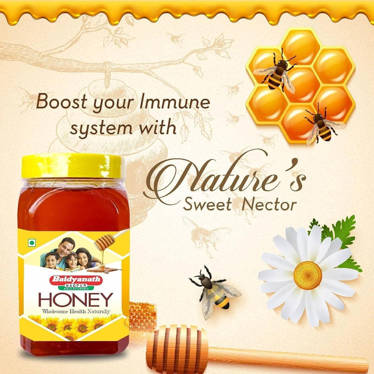 Baidyanath Asli Ayurved Honey 1Kg | Natural Immunity Booster, Pure & Wholesome - Weight Loss Support, Radiant Skin, Cough & Cold Defense | No Added Sugar