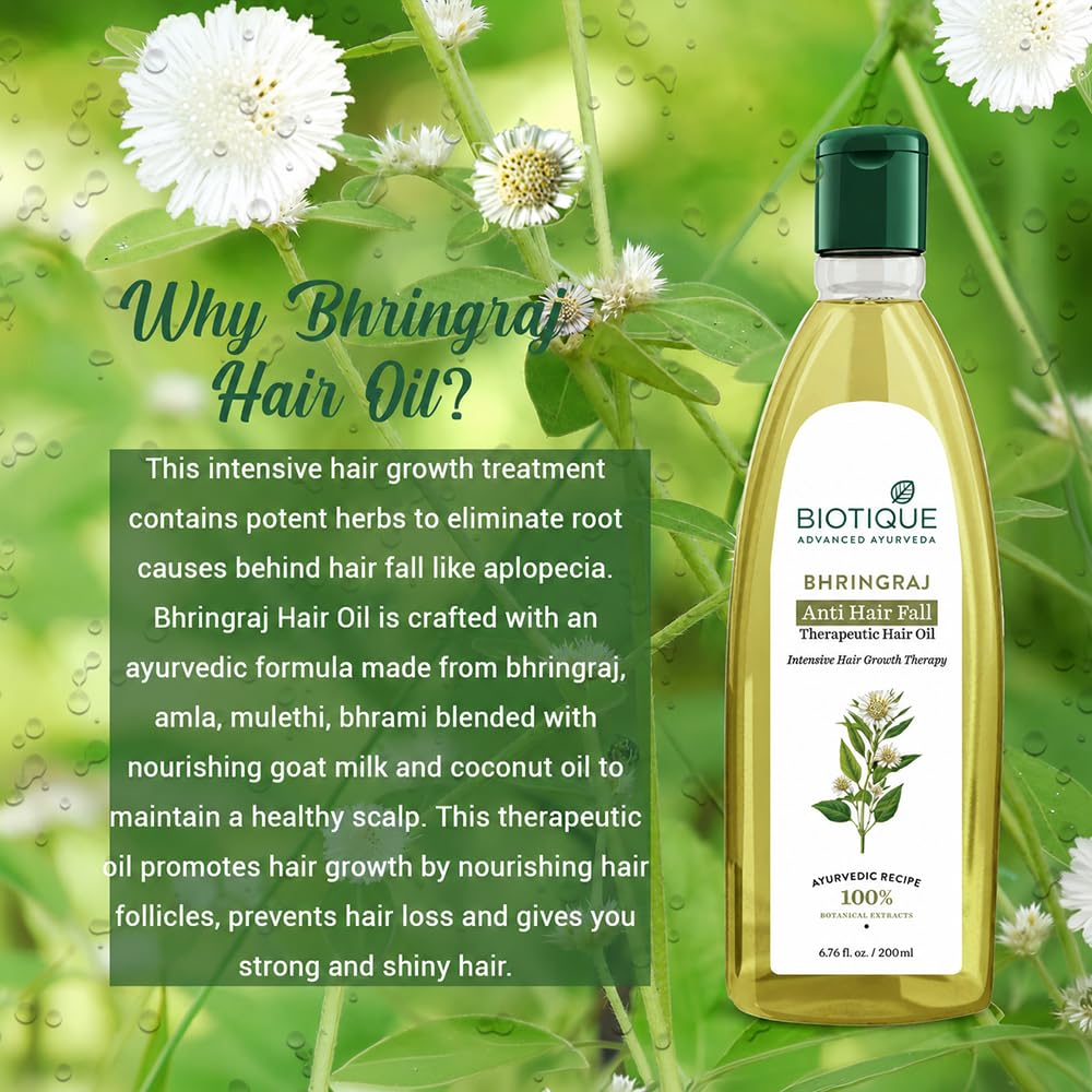 Biotique Bio Bhringraj Therapeutic Hair Oil for Falling Hair | Intensive Hair Regrowth Treatment | Nourishing Hair Follicles| Strong and Shiny Hair| For All Skin Types| 200m