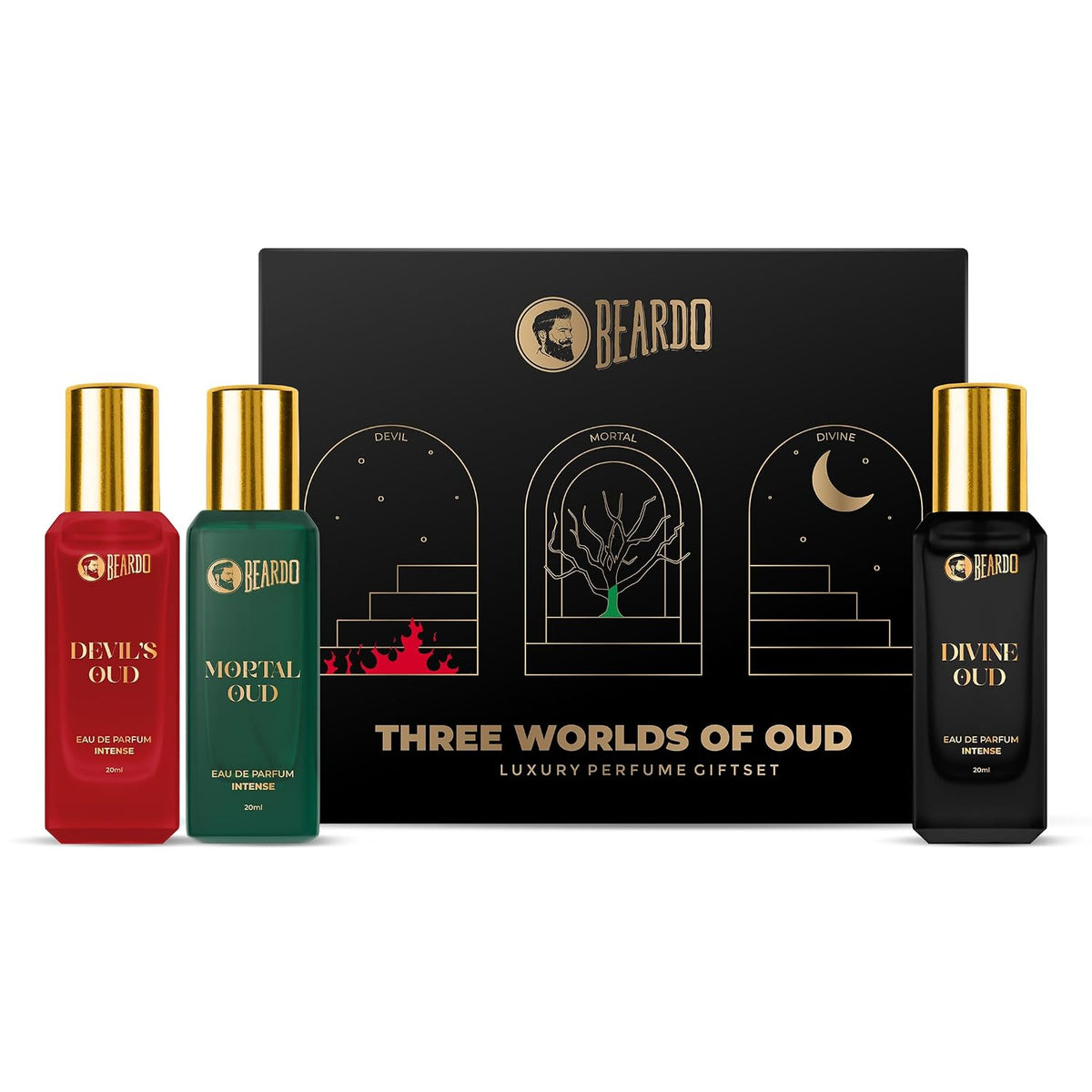 Beardo Oud Perfumes Giftset for Men - Three Worlds of Oud 3x20ml | Devil's, Mortal & Divine | Long lasting Perfume for Men | Luxury Perfume giftset for Men | Anniversay Gift | Gift for boyfriend, Hudsband, Friend | Rakhi Gift for Brother | Gift for Brother